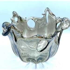 Italian Murano Design White Florescent Cristal Hand Blown Smoky Grey Glass Bowl